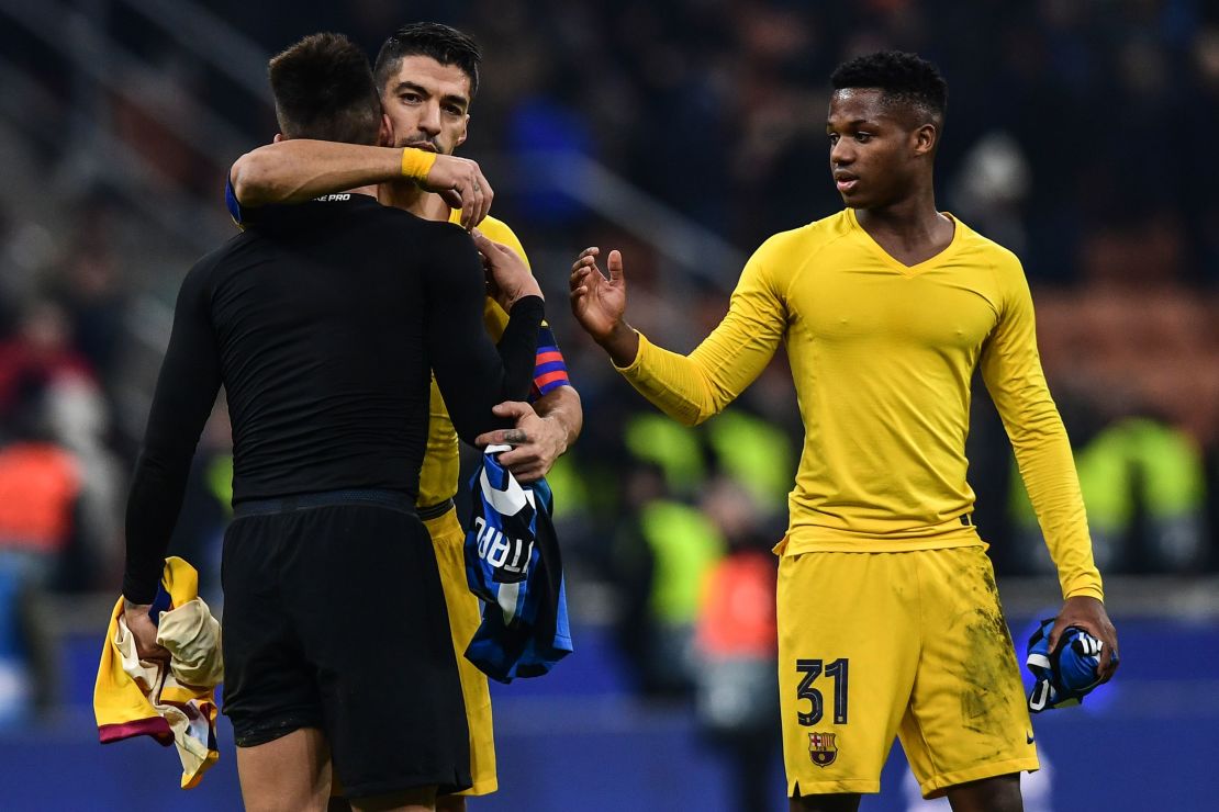 Ansu Fati (right) became the youngest ever scorer in the UEFA Champions League Tuesday, 