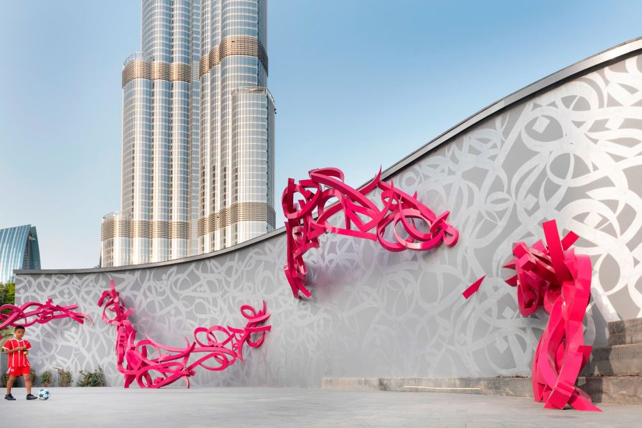 "El Seed" is one of the world's foremost "calligraffiti" artists, combining street art with ornate Arabic script. Since 2013, the French-Tunisian artist has made his home in Dubai and has left his mark with works such as this sculpture "Declaration" outside Dubai Opera House that reads "Art in all its colors and types reflects the culture of the nations, their history and civilization."