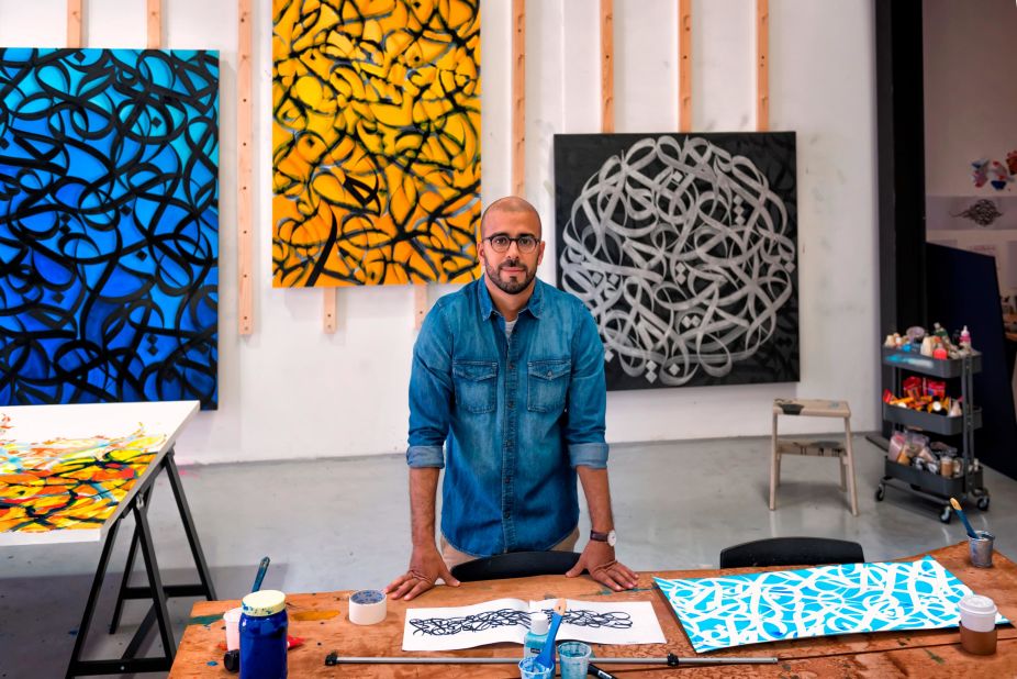 The artist in his studio in Alserkal Avenue, Dubai , where he maintains an open-door policy to stay connected to the community. 