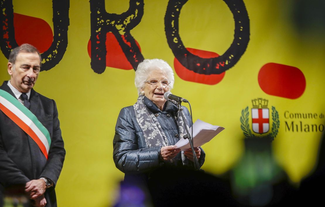 Liliana Segre speaks at an anti-racism demonstration in Milan.