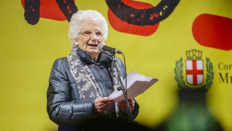 Liliana Segre speaks at an anti-racism demonstration in Milan.