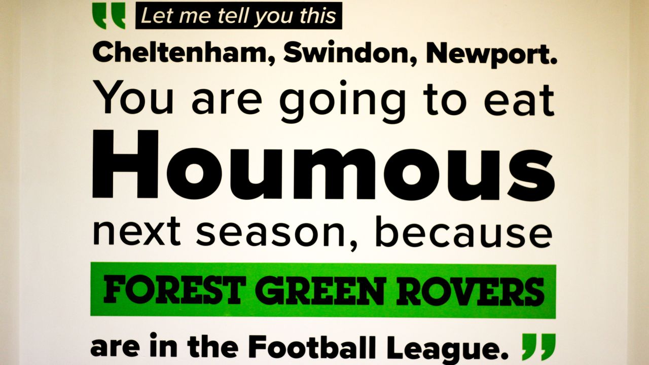 Bob Hunt's famous call to rival clubs following Forest Green Rovers' promotion to League Two in 2017 is now immortalized on the walls of the New Lawn.