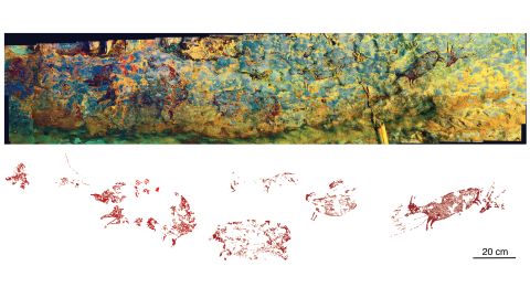 This panorama shows the entirety of the cave painting and its story.