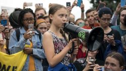 WASHINGTON, DC - SEPTEMBER 13:  Teenage Swedish climate activist Greta Thunberg delivers brief remarks surrounded by other student environmental advocates during a strike to demand action be taken on climate change outside the White House on September 13, 2019 in Washington, DC. The strike is part of Thunberg's six day visit to Washington ahead of the Global Climate Strike scheduled for September 20. (Photo by Sarah Silbiger/Getty Images)