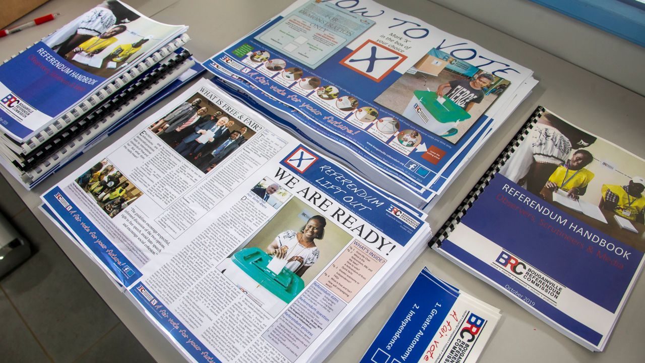 Voting information pamphlets at a polling station in the Bougainville capital Buka on November 22, 2019.