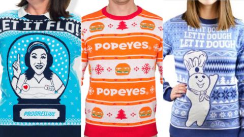 UglyChristmasSweater.com is selling sweaters with "Flo" from the Progressive Insurance commercial, Popeyes chicken sandwich and the Pillsbury Dough boy.