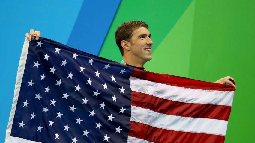 RIO DE JANEIRO, BRAZIL - AUGUST 13:  Gold medalist Michael Phelps of the United States poses during the medal ceremony for the Men's 4 x 100m Medley Relay Final on Day 8 of the Rio 2016 Olympic Games at the Olympic Aquatics Stadium on August 13, 2016 in Rio de Janeiro, Brazil.  (Photo by Al Bello/Getty Images)