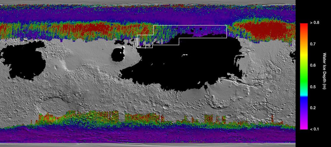 This rainbow-colored map shows underground water ice on Mars. Cool colors reveal ice close to the surface. The black region is where a lander might sink into Mars' fine dust.