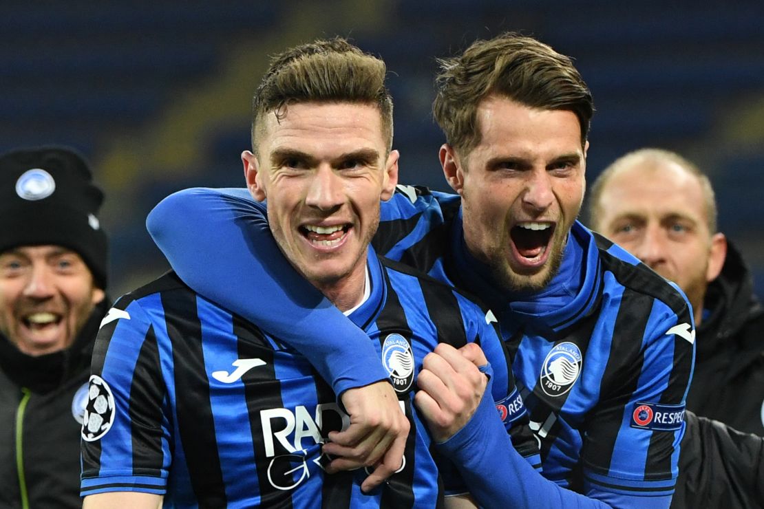 Atalanta's players celebrate during the 2-0 win at Shakhtar Donetsk.