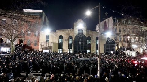 Thousands of Orthodox Jewish men crowded Rodney Street in Williamsburg, Brooklyn.