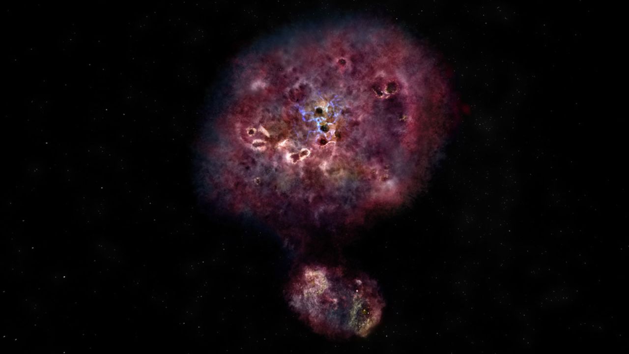 This is an artist's illustration of what MAMBO-9 would look like in visible light. The galaxy is very dusty and it has yet to build most of its stars. The two components show that the galaxy is in the process of merging.