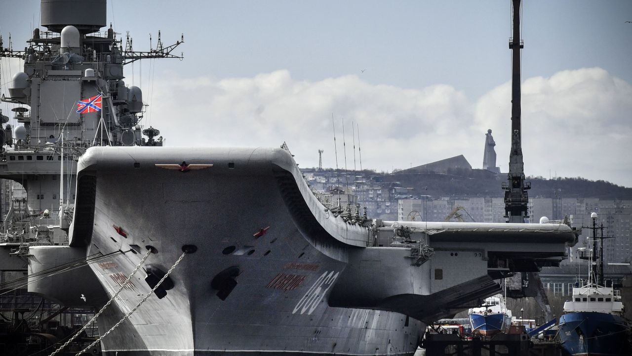 The Admiral Kuznetsov is pictured in the northern Russian port of Murmansk in May 2018. 