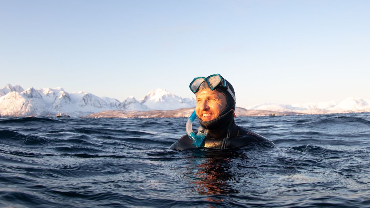 Solheim in northern Norway last winter. The explorer swam in frigid waters with Humpback whales and Orcas as part of an awareness-raising campaign.