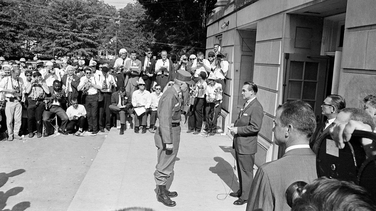 Alabama Gov. George C. Wallace confronts National Guard Brig. Gen. Henry Graham at the University of Alabama in Tuscaloosa June 11, 1963, in a symbolic effort to block integration of the school.