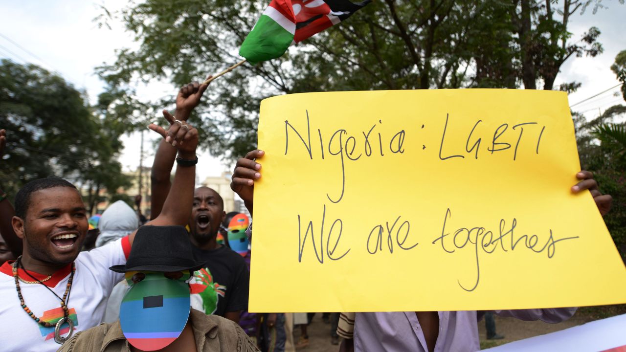 Kenyan gay and lesbian organizations demonstrate Nigeria's anti-gay law outside the Nigerian High Commission in Nairobi on February 7, 2014.
