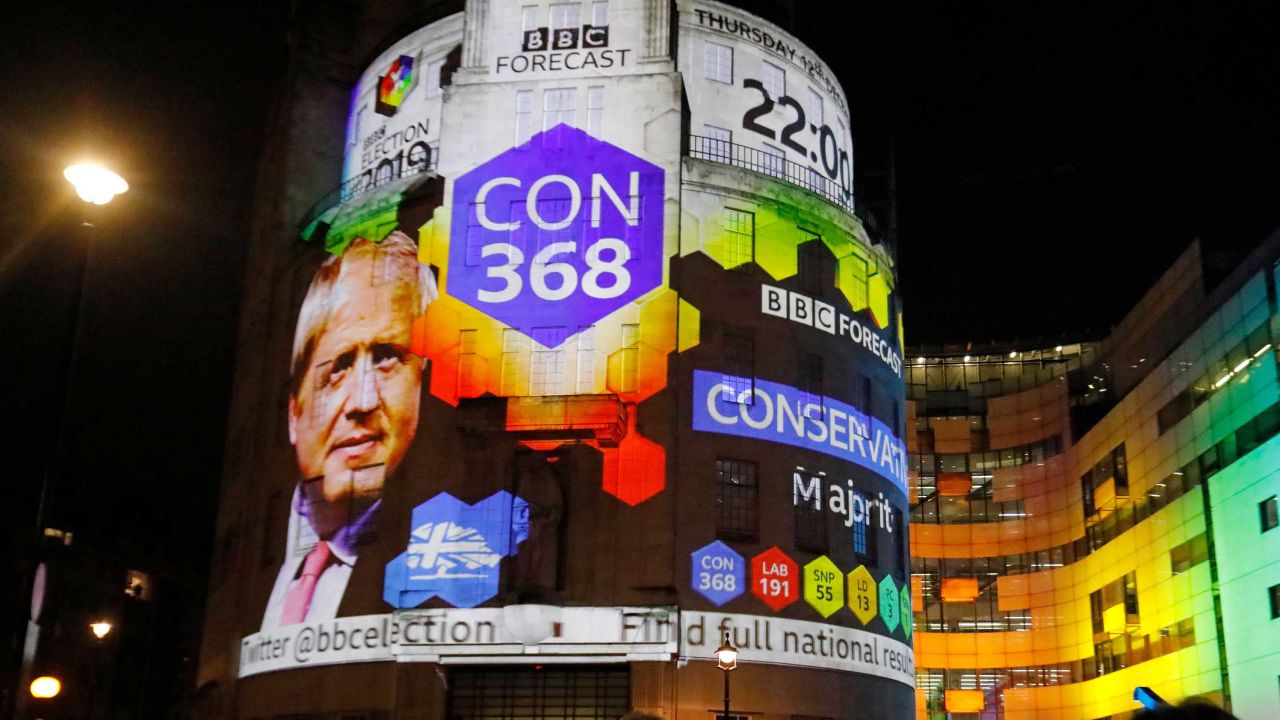 On the outside of the BBC building in London, the broadcaster's exit poll results shows Britain's Prime Minister Boris Johnson's Conservative Party winning the election with 368 seats, as the ballots begin to be counted in the general election on December 12, 2019. 