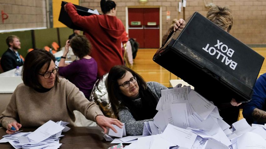 HARTLEPOOL, ENGLAND  - DECEMBER 12: Volunteers begin to count ballot papers during the general election count at Mill Bank leisure centre on December 12, 2019 in Hartlepool, England. The current Conservative Prime Minister Boris Johnson called the first UK winter election for nearly a century in an attempt to gain a working majority to break the parliamentary deadlock over Brexit. The election results from across the country are being counted overnight and an overall result is expected in the early hours of Friday morning. (Photo by Ian Forsyth/Getty Images)