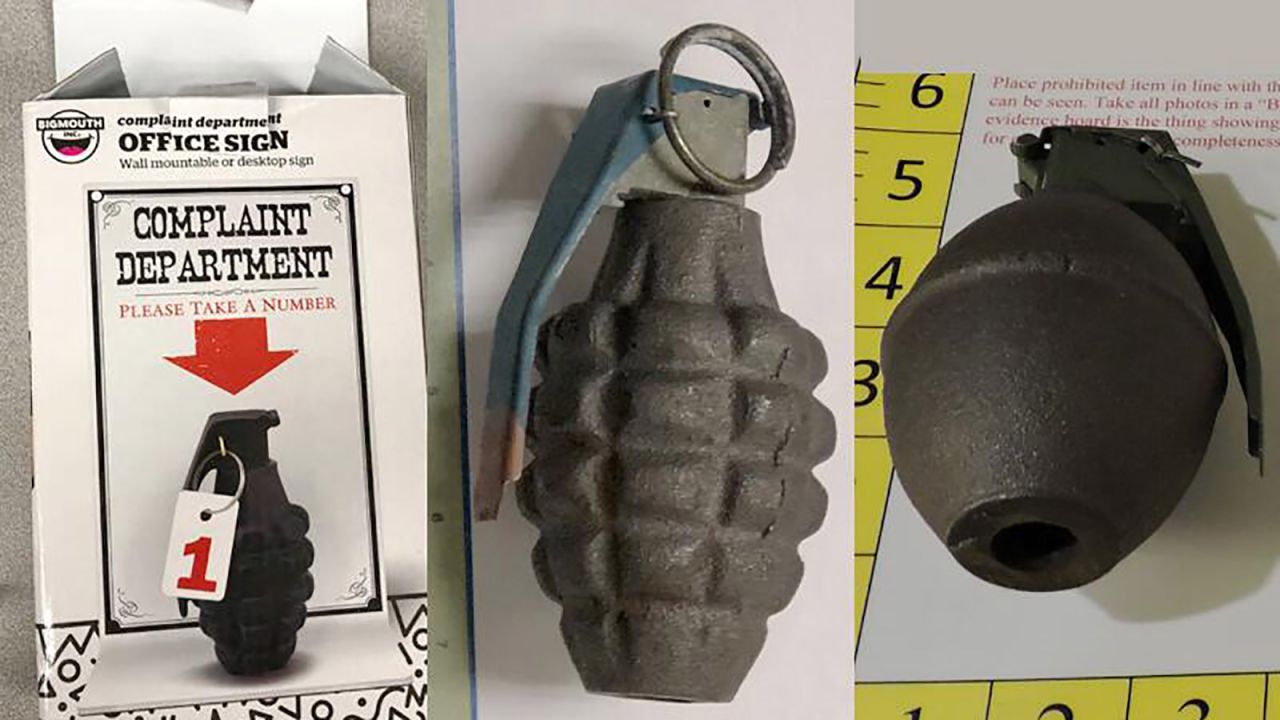 <strong>No grenades (or replicas).</strong> In November alone, TSA officers discovered a replica grenade in an Atlanta passenger's carry-on bag (left), an empty grenade (center) during checked bag screening at the Detroit Wayne County Airport, and a baseball grenade during checked bag screening at Arkansas Fort Smith Airport (right). 
