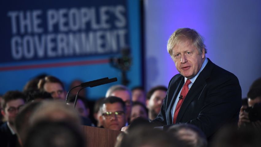 LONDON, ENGLAND - DECEMBER 13: British Prime Minister and leader of the Conservative Party Boris Johnson speaks to supporters and press as the Conservatives celebrate a sweeping election victory on December 13, 2019 in London, England. Prime Minister Boris Johnson called the first UK winter election for nearly a century in an attempt to gain a working majority to break the parliamentary deadlock over Brexit. As the results roll in the Conservative Party has gained the number of seats needed to win a clear majority at the expense of the Labour Party. Votes are still being counted and an overall result is expected later today. (Photo by Chris J Ratcliffe/Getty Images)