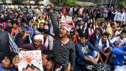 Demonstrators shout slogans during a protest against the government's Citizenship Amendment Bill (CAB) in Guwahati on December 13, 2019. - Internet access has been cut in India's northeastern city of Guwahati after violent protests over a new citizenship law saw two demonstrators shot dead by police, authorities said on December 13. (Photo by Sajjad  HUSSAIN / AFP) (Photo by SAJJAD  HUSSAIN/AFP via Getty Images)