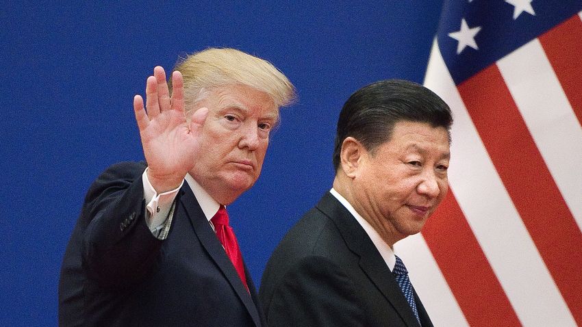 US President Donald Trump (L) and China's President Xi Jinping leave a business leaders event at the Great Hall of the People in Beijing on November 9, 2017.
Donald Trump urged Chinese leader Xi Jinping to work "hard" and act fast to help resolve the North Korean nuclear crisis, during their meeting in Beijing on November 9, warning that "time is quickly running out". / AFP PHOTO / Nicolas ASFOURI        (Photo credit should read NICOLAS ASFOURI/AFP via Getty Images)