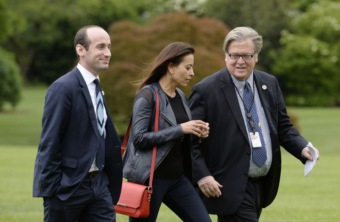 Stephen Miller and Steve Bannon, here with deputy National Security Adviser Dina Powell in 2017, both ended up working for President Trump. 