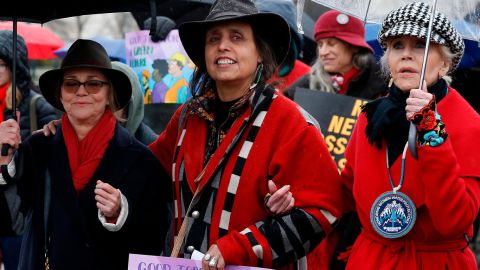Actress Sally Field (left) and environmentalist Winona LaDuke joined Fonda for the 10th protest. Field was arrested.