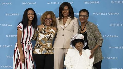 Willie Mae Hardy, seated, was thrilled to meet former first lady Michelle Obama, third from left.