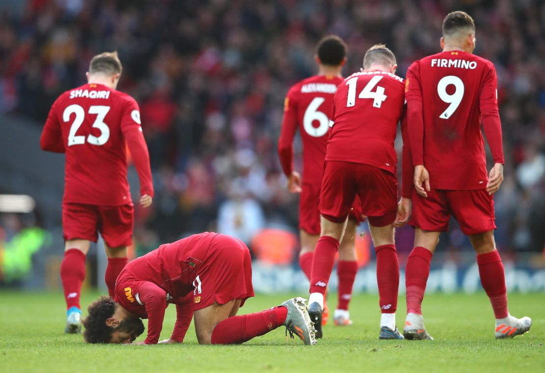 Mohamed Salah celebrates scoring the first of his two goals against Watford in Liverpool's 2-0 Premier League win.