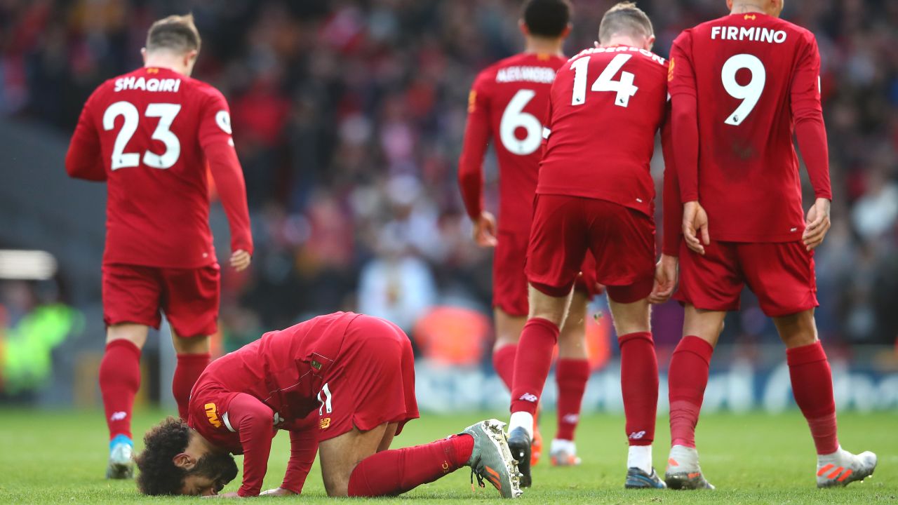 Mohamed Salah celebrates scoring the first of his two goals against Watford in Liverpool's 2-0 Premier League win.