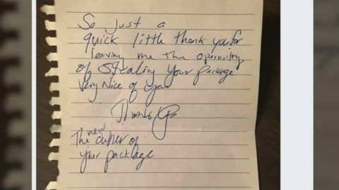 02 Porch pirate leaves thank you note