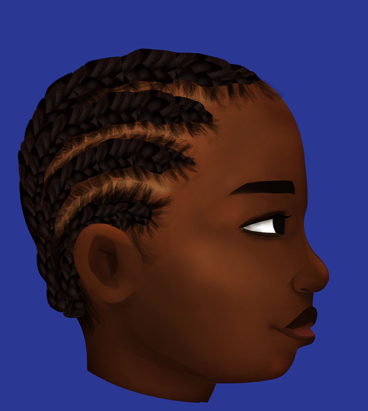 Natté couché, braids made with curly hair.