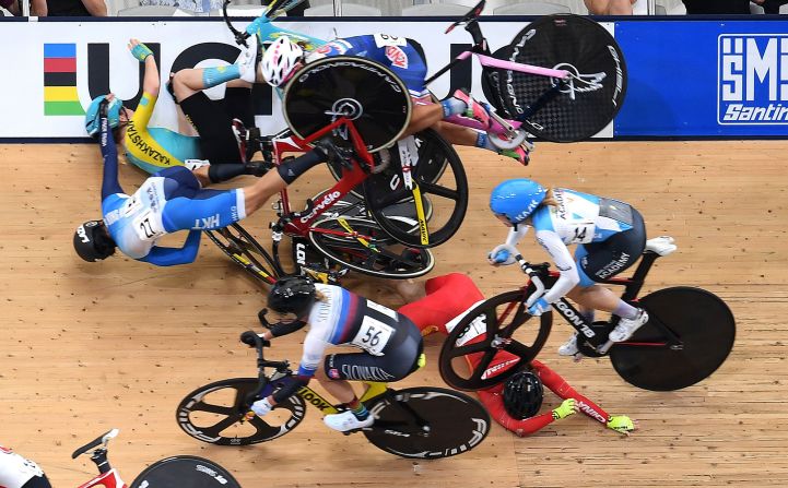 Cyclists crash into each other during the women's Omnium Scratch race at the UCI Track Cycling World Cup in Brisbane, Australia, on Sunday, December 15.