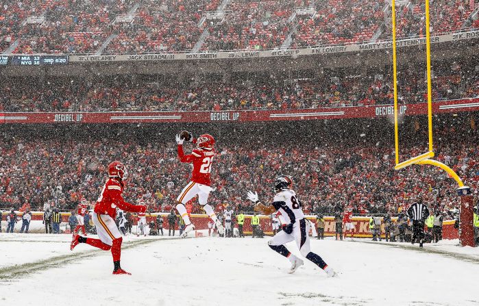 Kansas City Chiefs' Juan Thornhill intercepts a pass in the endzone during a game against the Denver Broncos in Kansas City, Missouri, on Sunday, December 15. 