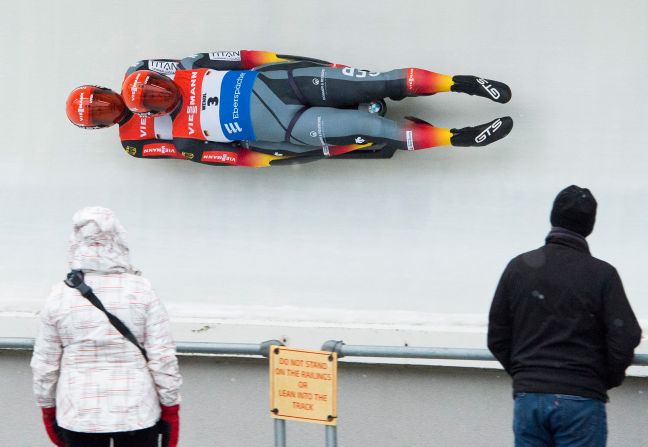 Tobias Wendl and Tobias Arlt of Germany slide during a training run for the Viessmann Luge World Cup in Whistler, British Columbia, on Thursday, December 12.