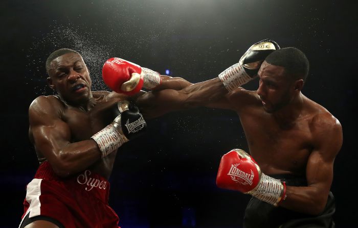 Dan Azeez and Lawrence Osueke exchange punches during the English Light-Heavy Title Fight at The Brentwood Centre on Saturday, December 14, in Brentwood, England.