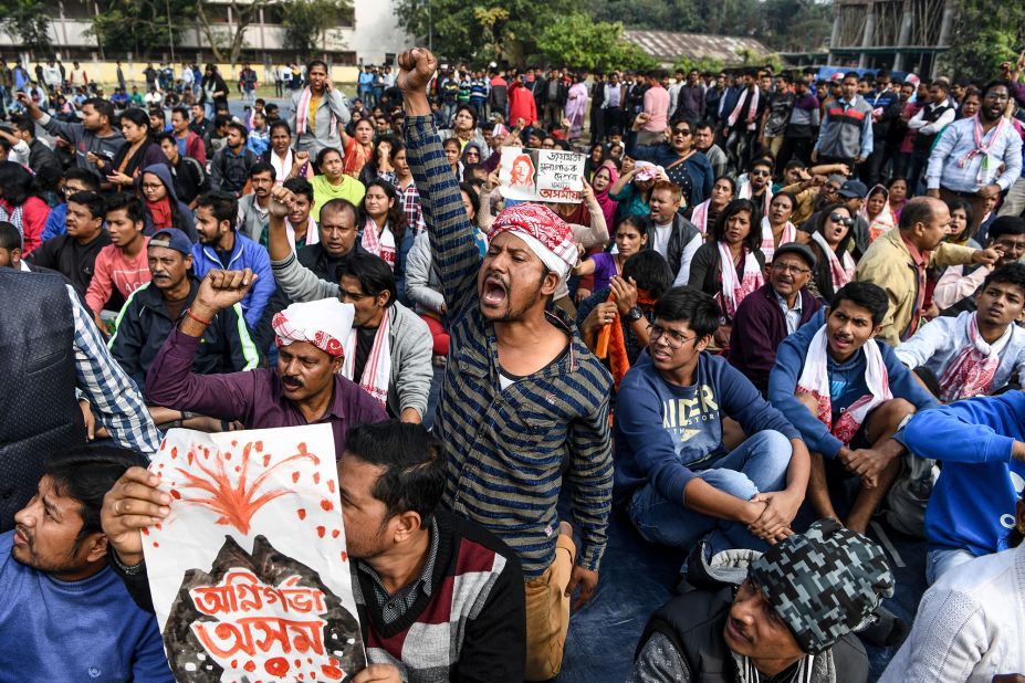 Demonstrators shout slogans during a protest in Guwahati on Friday, December 13.