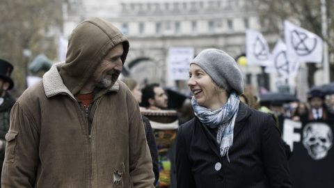 Gail Bradbrook and Roger Hallam at an Extinction Rebellion march in 2018.