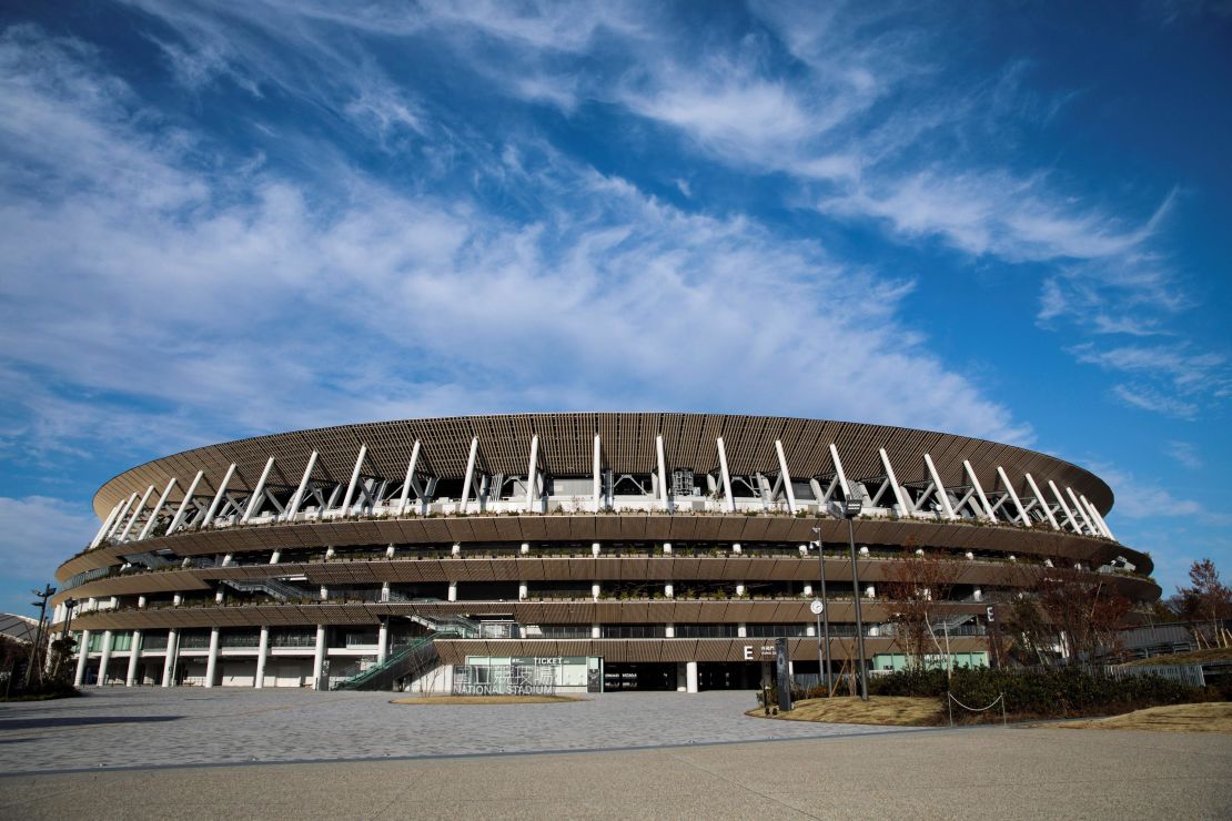 The National Stadium, venue for the Tokyo Olympic Games is seen during a media tour following the the stadium's completion on December 15, 2019. 