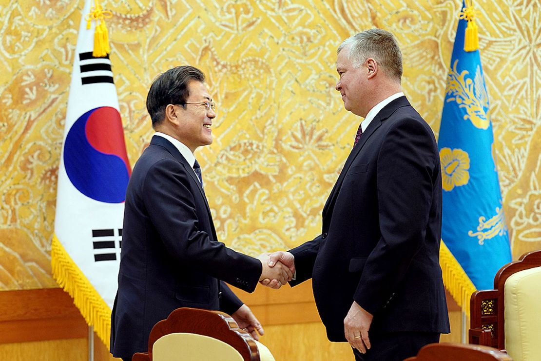 South Korean President Moon Jae-in and Special Representative for North Korea Stephen Biegun on December 16, 2019 in Seoul, South Korea.