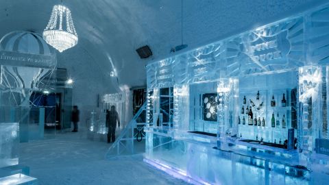 IceBar "Torneland" is kittetdout with with ice-carved roller-coasters and hot air balloons surrounding the bar. 