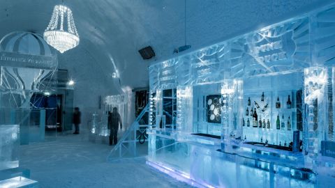 IceBar "Torneland" is kittetdout with with ice-carved roller-coasters and hot air balloons surrounding the bar.