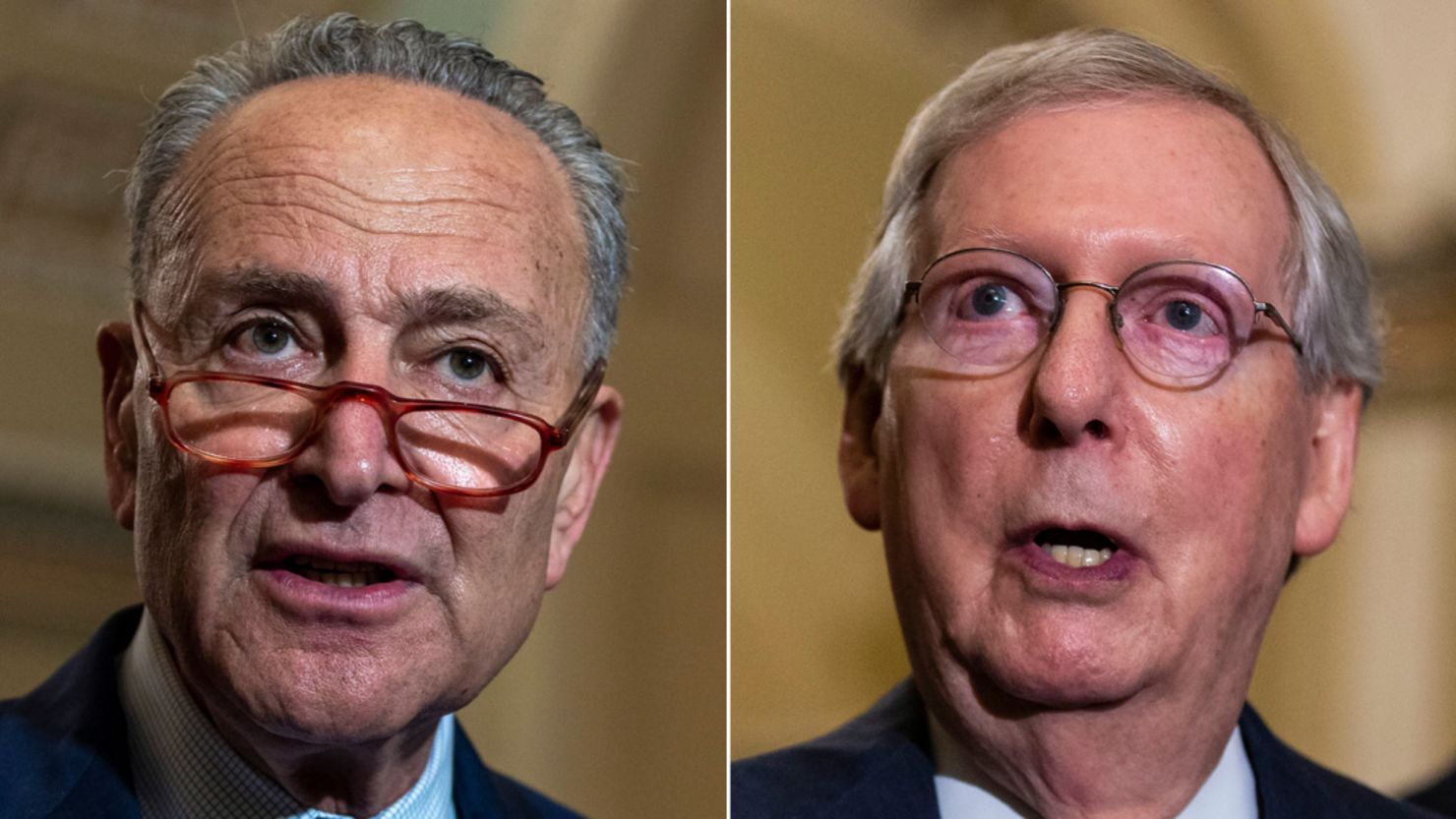 At left, Senate Minority Leader Chuck Schumer, and, at right, Senate Majority Leader Mitch McConnell. 