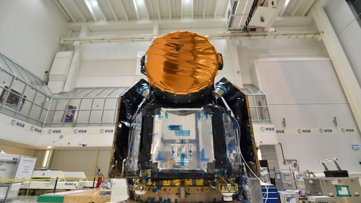 The CHaracterising ExOPlanet Satellite, Cheops, in at ESA's technical centre in the Netherlands in September 2018.
