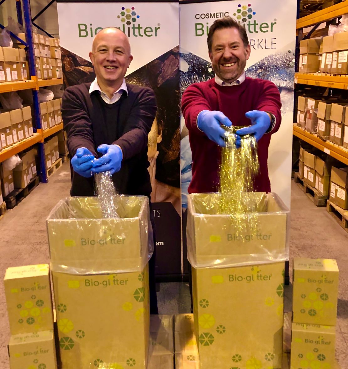 Stephen Cotton [right], commercial director, and Andrew Thompson, a technical director with Ronald Britton Ltd., the creator of Bioglitter. 