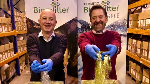 Stephen Cotton [right], commercial director, and Andrew Thompson, a technical director with Ronald Britton Ltd., the creator of Bioglitter. 