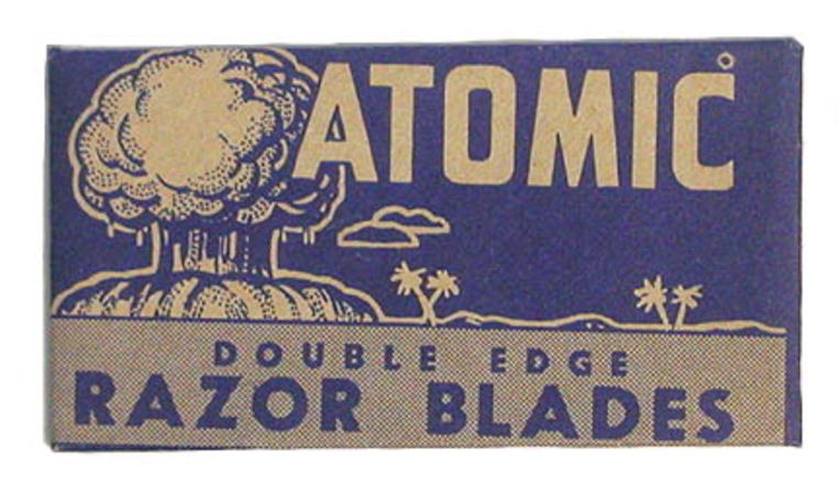 These razor blades were manufactured in Knoxville, Tennessee, twenty miles down the road from the "Atomic City" of Oak Ridge. The label shows, presumably, an atomic bomb test in the Pacific.