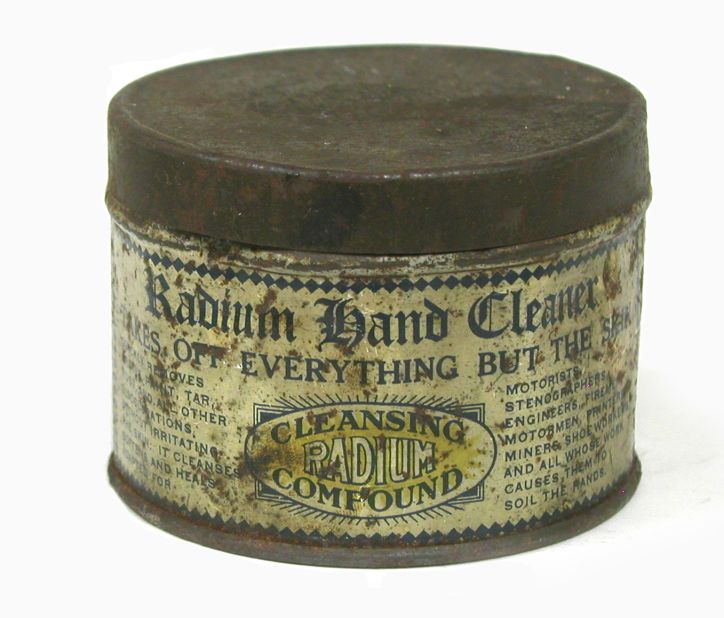 This Radium hand cleaner was touted to "quickly remove grease, paint, tar, rust and all other discolorations without irritating the skin."
