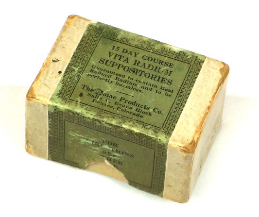 These radium suppositories were "guaranteed to contain real radium and be harmless." They were meant as a sexual performance enhancer. The product's literature read: "If YOU are showing signs of "slowing up" in your actions and duties, perhaps long before you should -- if you have begun to lose your charm, your personality, your normal manly vigor -- certainly you want to stage a 'comeback.'"