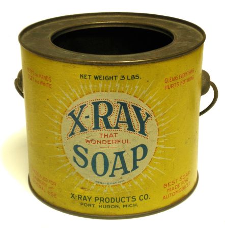 This soap, meant for cars, is from the 1920s. The label says that it is "a clear, pure vegetable paste made from linseed and vegetable oils, soponified with best potash obtainable."
